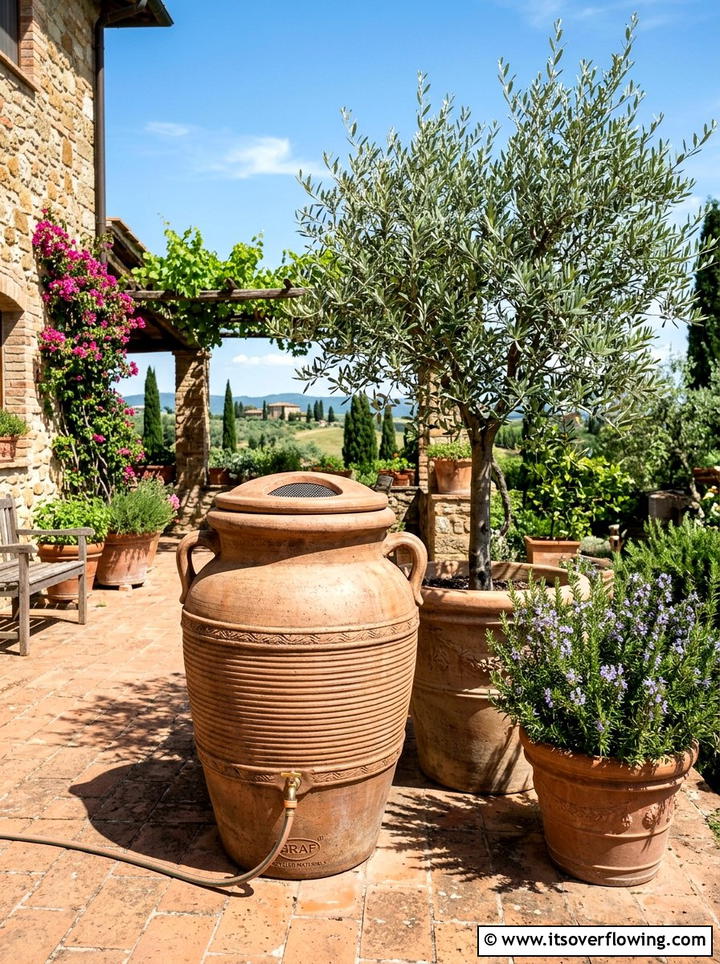 Terracotta Rain Barrel For Mediterranean Garden - 25 backyard ideas with rain barrel setup