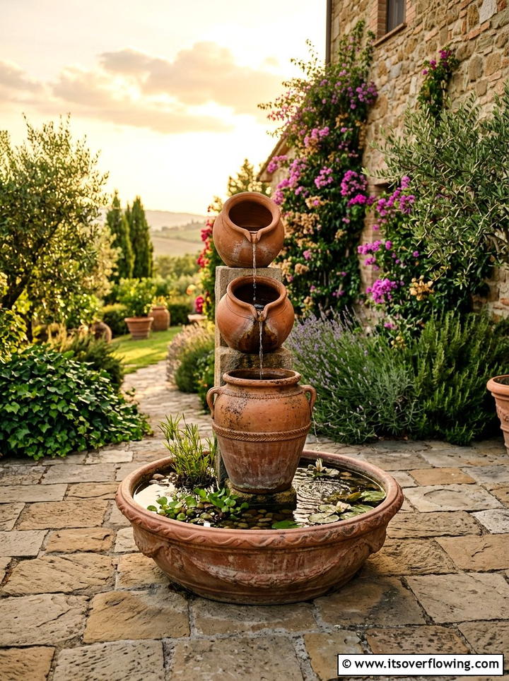 Terracotta Water Fountain - 25 garden decor ideas with terracotta pots