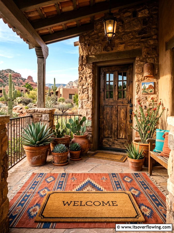 Terracotta Woven Rug - 25 front porch ideas with layered doormats