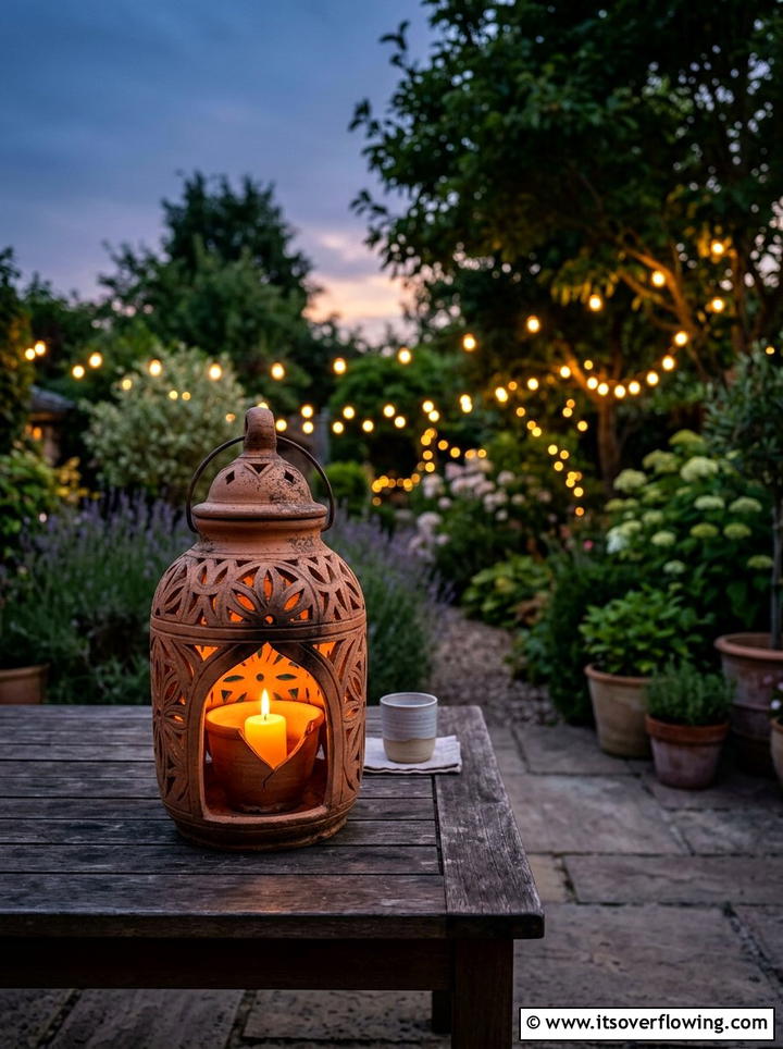 Terracotta candle lantern - 25 recycled garden ideas with broken pots