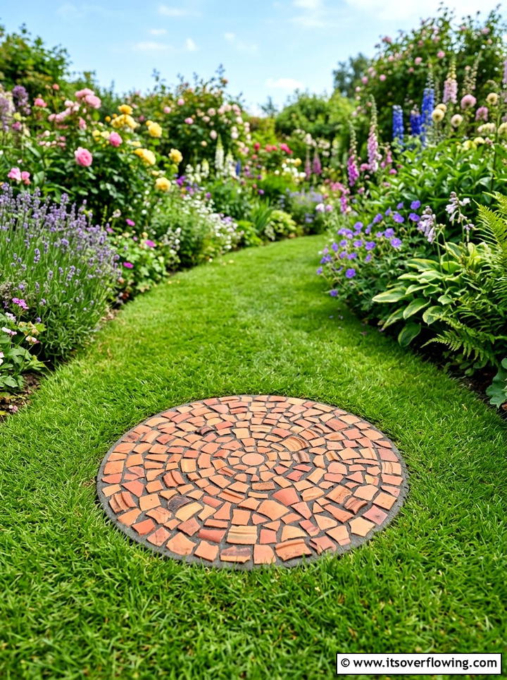 Terracotta mosaic stepping stone - 25 recycled garden ideas with broken pots
