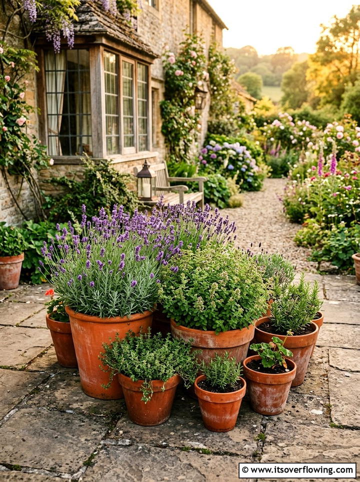 Terracotta pot cluster - 25 front porch ideas with herb planters