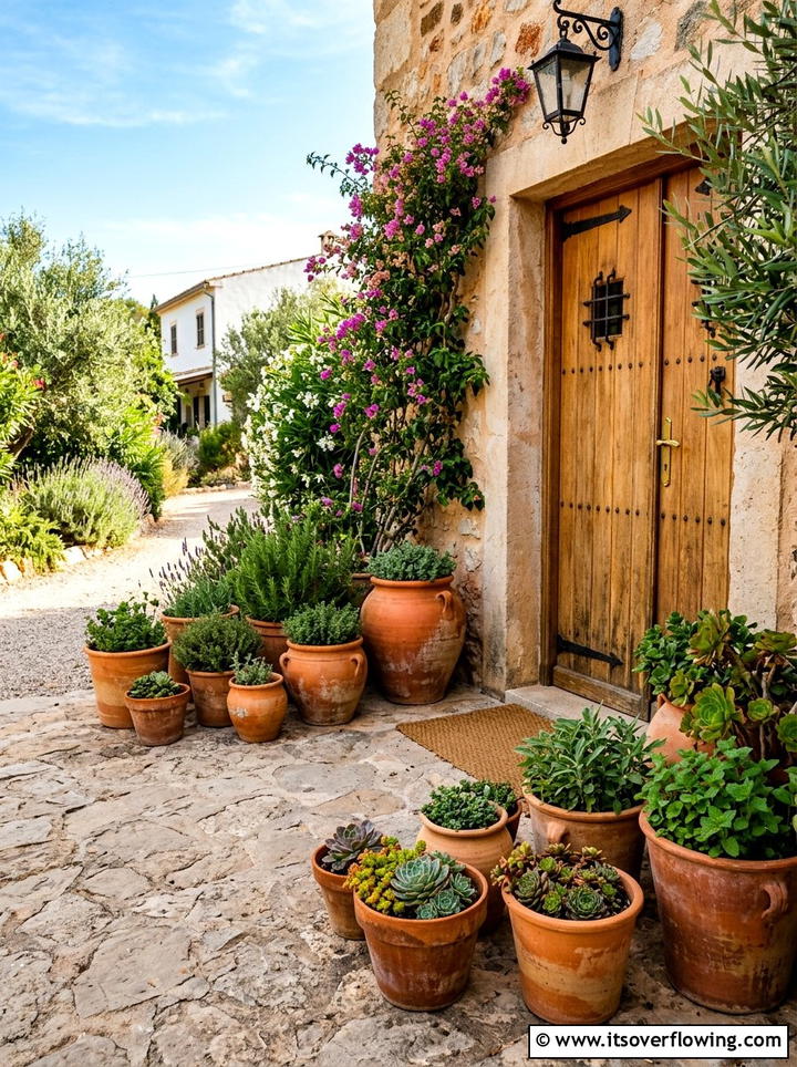 Terracotta pot cluster - 25 front porch decor ideas with planters