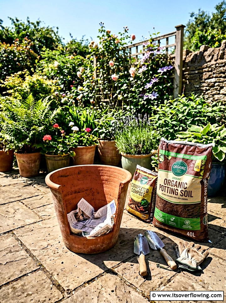 Terracotta pot drainage layer - 25 recycled garden ideas with newspapers