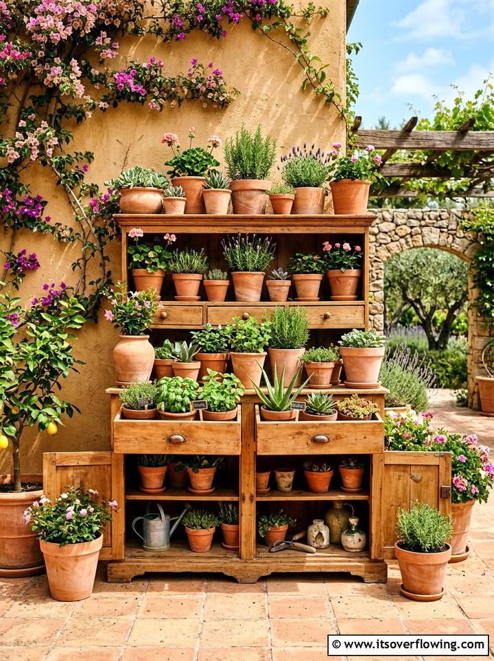 Terracotta pot dresser display - 25 upcycled garden ideas with old dressers