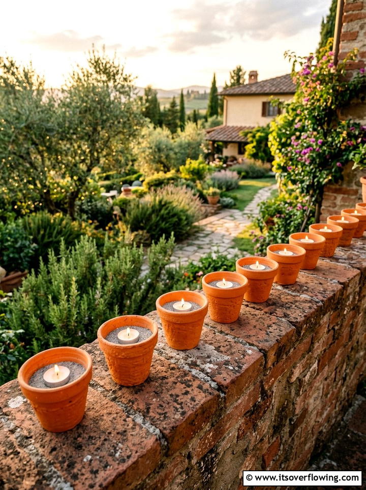 Terracotta pot tea light display - 25 garden decor ideas with tea lights