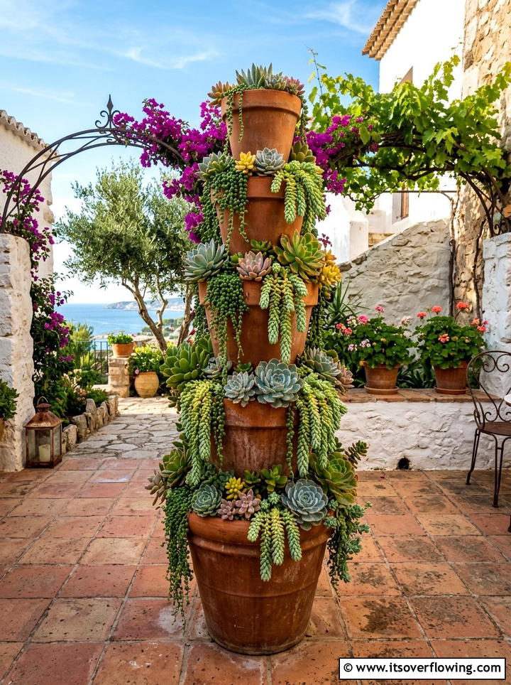 Terracotta pot tower - 25 backyard decorating ideas with succulent pots