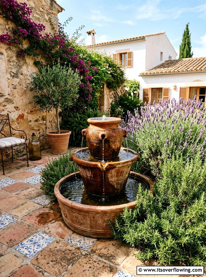 Terracotta pot water feature - 25 garden decor ideas with tabletop fountains