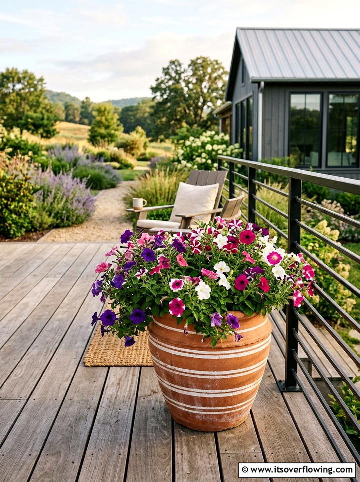 Terracotta pot with white stripes - 25 front porch ideas with painted pots