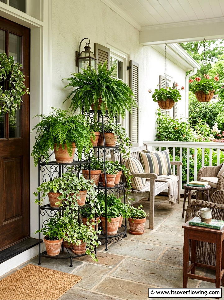Terracotta pots on plant stands - 25 front porch ideas with terracotta pots