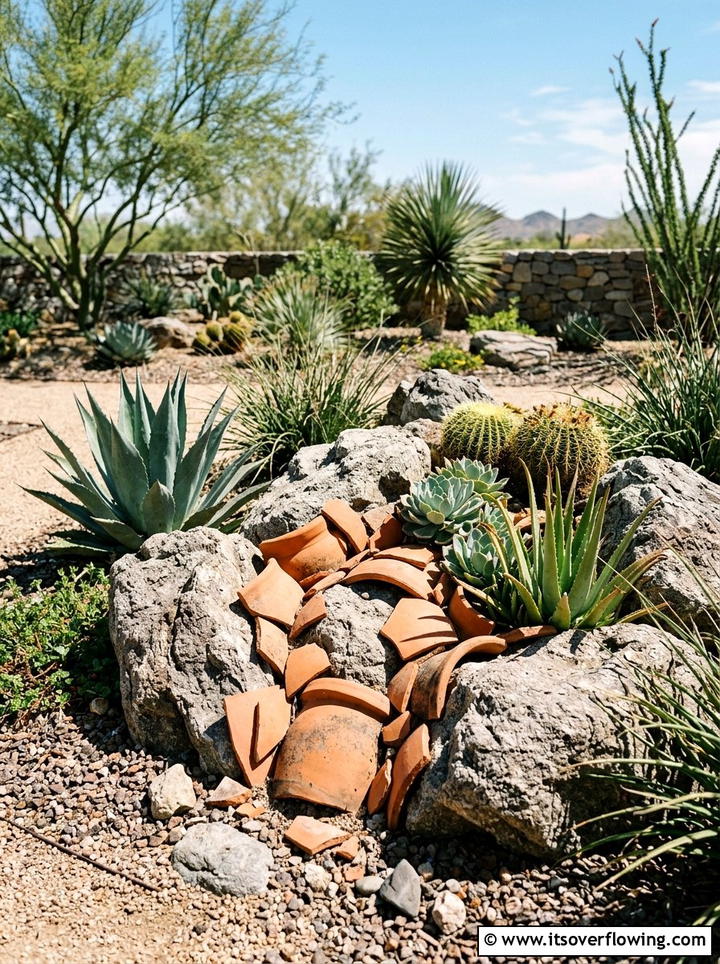 Terracotta rock garden accent - 25 recycled garden ideas with broken pots