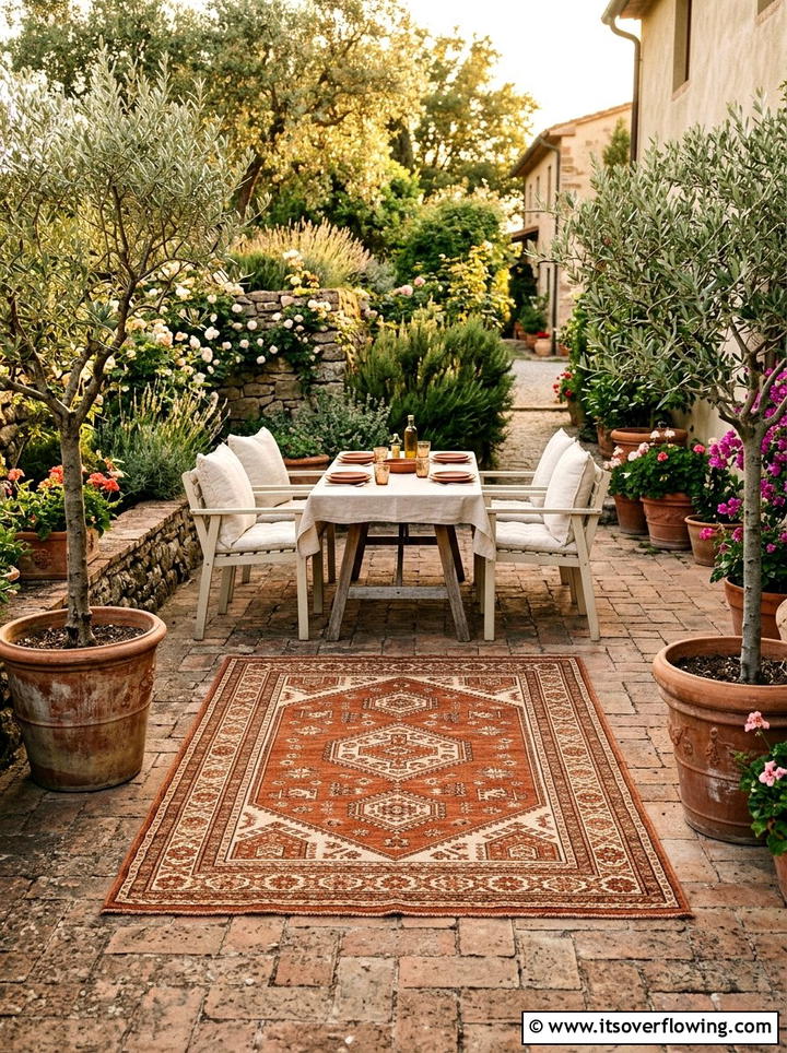 Terracotta rug for garden patio - 25 garden decor ideas with outdoor rugs