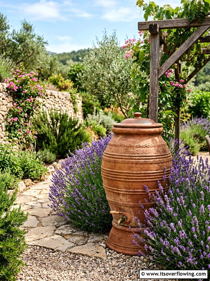Terracotta style rain barrel - 25 cheap garden ideas with rain barrels
