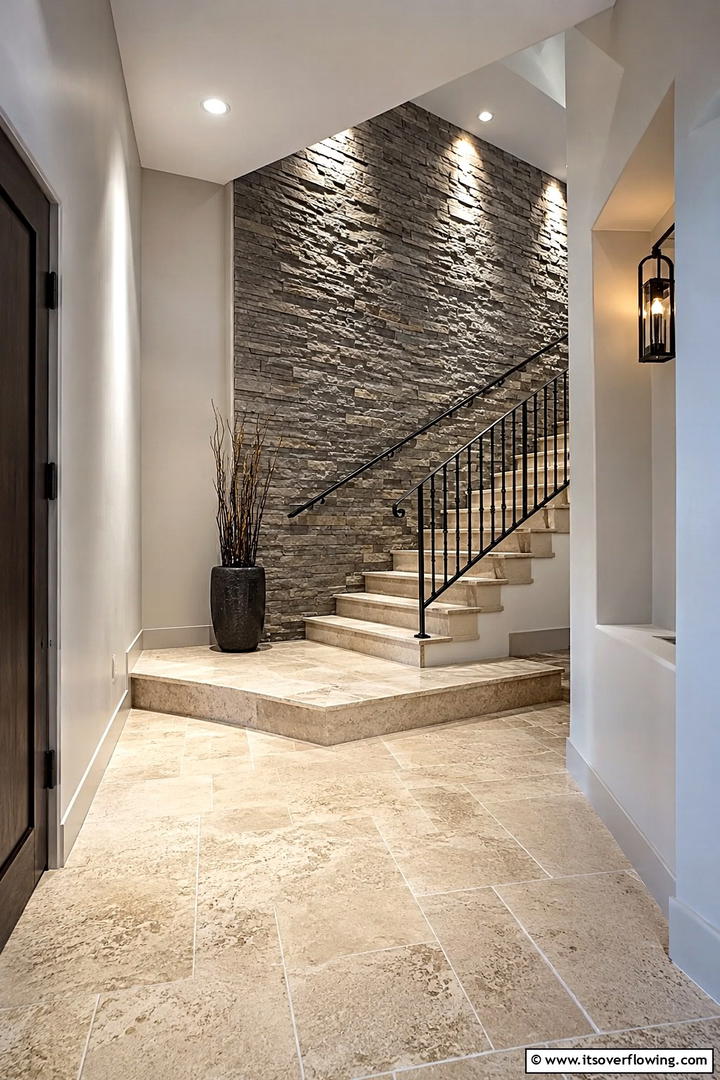 Texture Rich Stone Landing - 30 Stair Landing Ideas to Maximize Functional Spaces