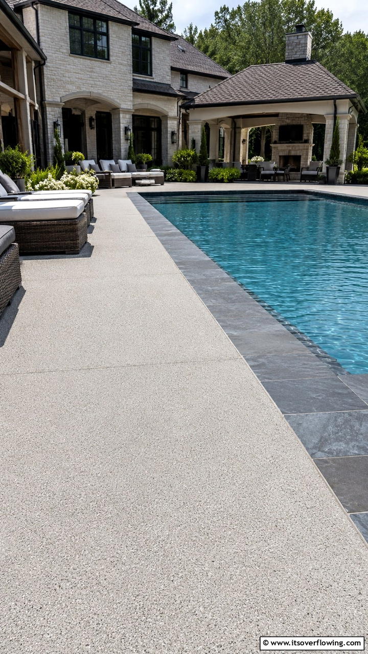 Textured Concrete with Natural Stone Borders - 20 Stylish Concrete Pool Deck Ideas for Your Backyard