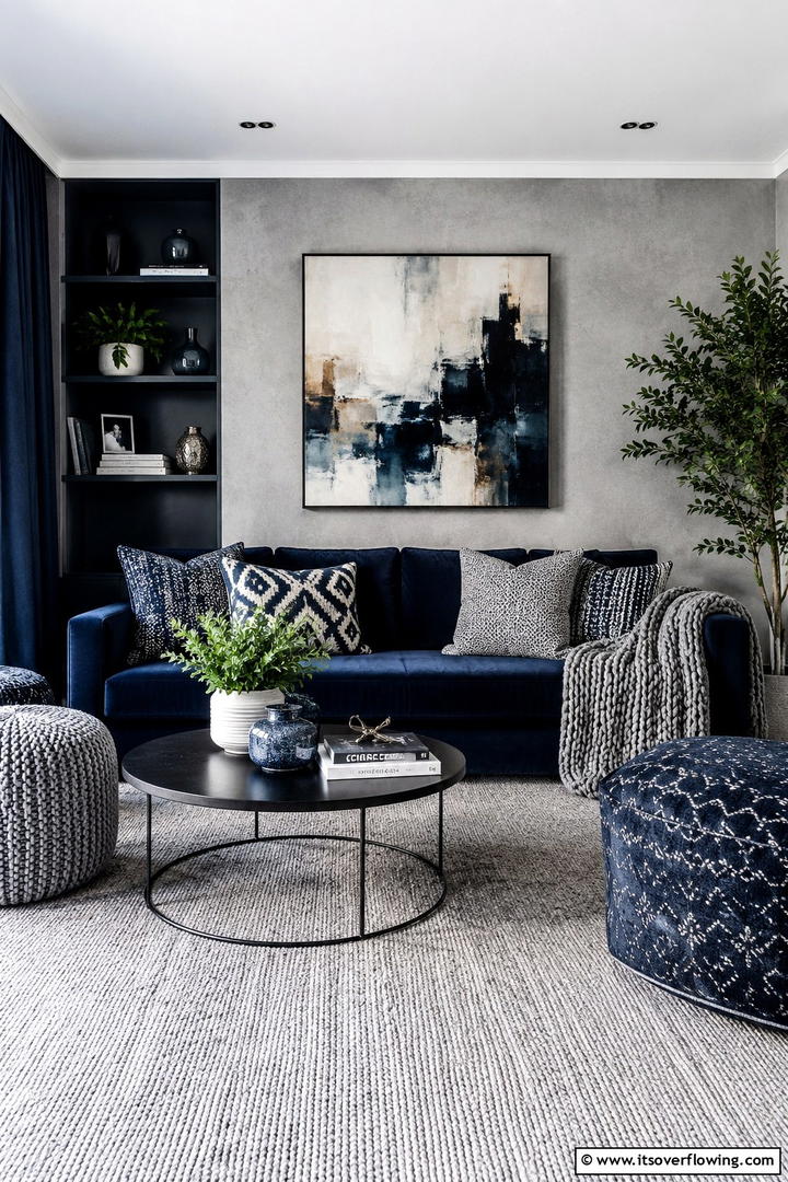 Textured Layers in Navy Blue Living - 30 Navy Blue and Grey Living Room Ideas for Sophisticated Style