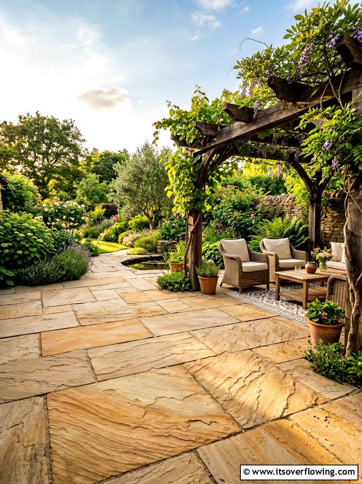 Textured Sandstone Patio Area - 25 small garden ideas with pavers