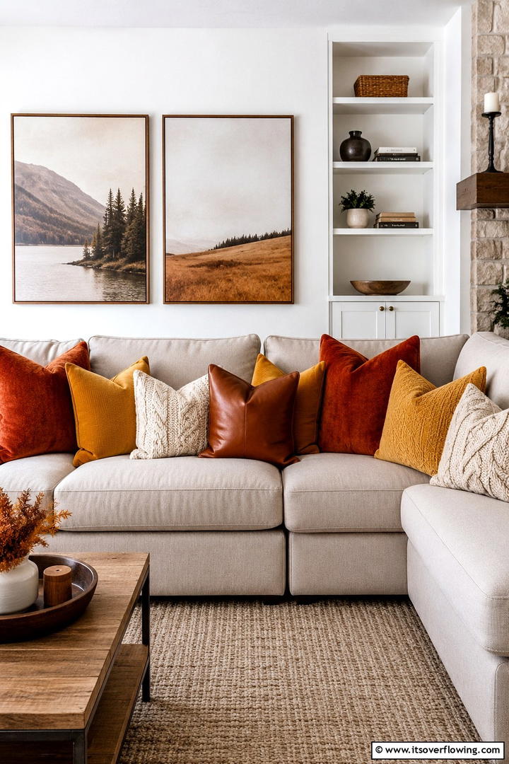 Textured Throw Pillow Layering - 50 Fall Decor Ideas for A Cozy Seasonal Refresh at Home