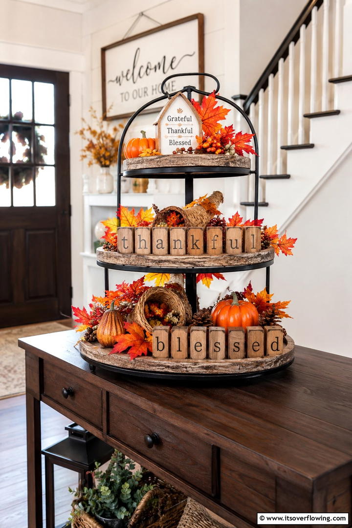Thanksgiving Gratitude Tray - 50 Fall Tiered Tray Decor Ideas for Festive Shelves