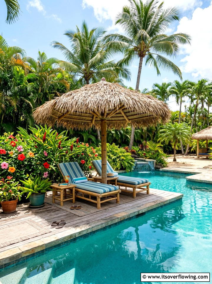 Thatch Roof Tiki Umbrella - 25 garden decor ideas with umbrellas