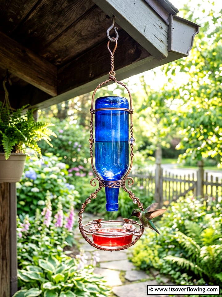 Thrifted Glass Bottle Bird Feeder - 25 upcycled garden ideas with bird feeders