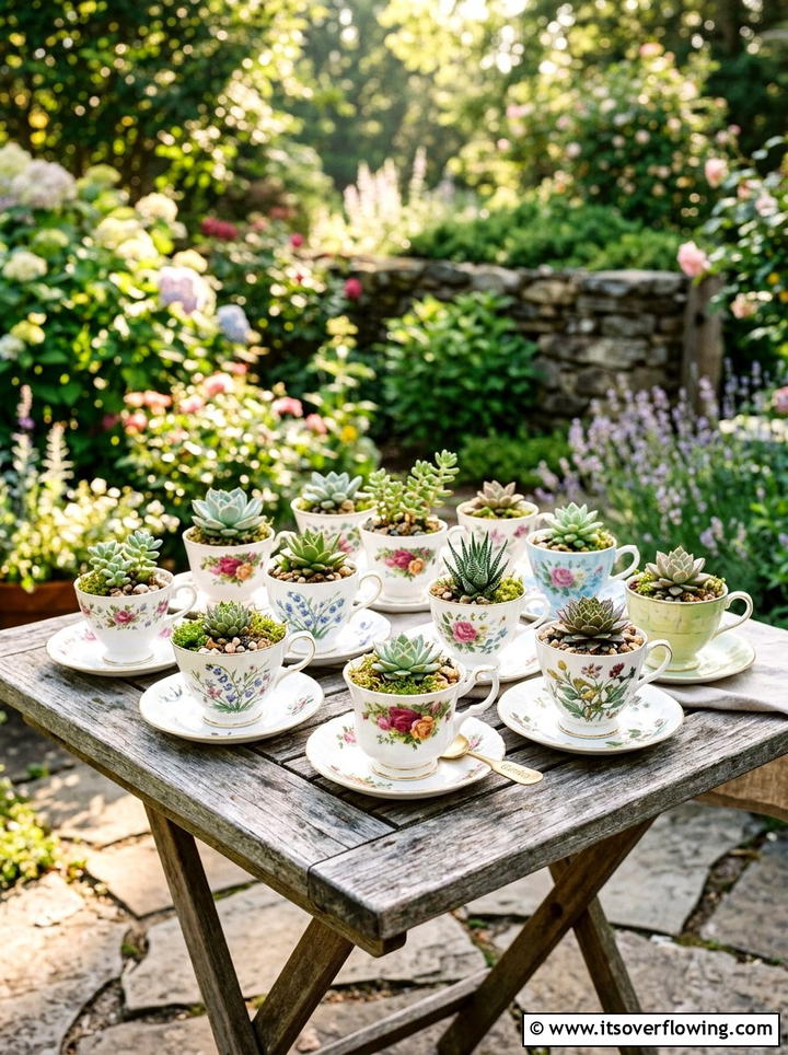 Thrifted Teacup Garden - 25 cheap garden ideas with container gardening