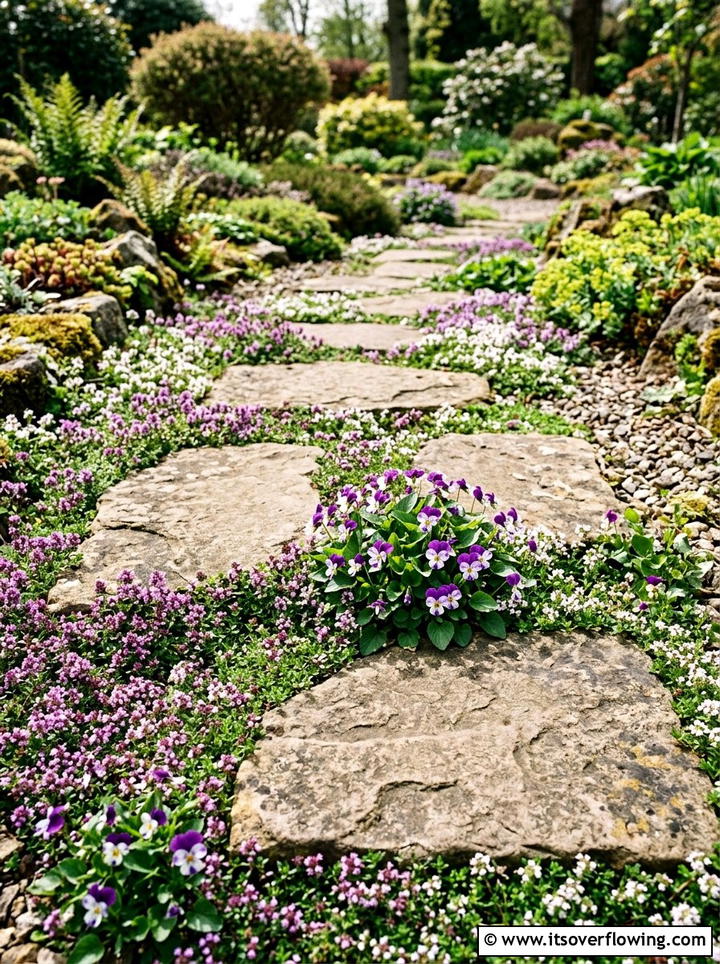 Thyme and violet groundcover - 25 creative garden ideas with edible flowers