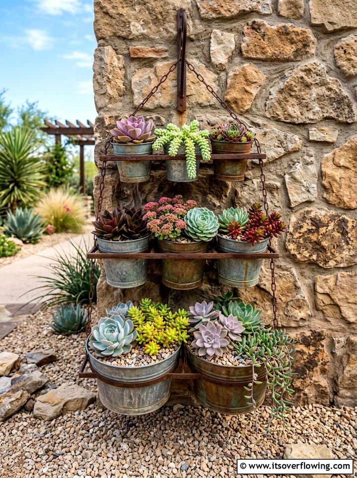 Tiered Bucket Succulent Display - 25 recycled garden ideas with buckets