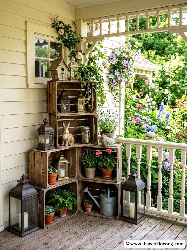 Tiered Crate Corner Stand - 25 front porch ideas with crate decor