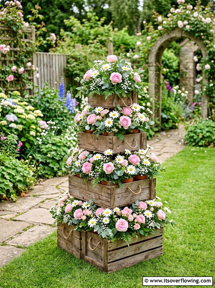 Tiered Crate Flower Display - 25 garden decor ideas with crates