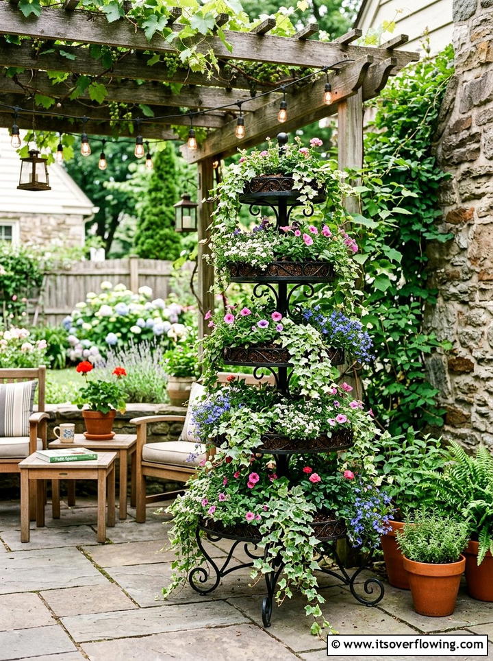 Tiered Cupcake Stand Planter - 25 recycled garden ideas with chipped dishes