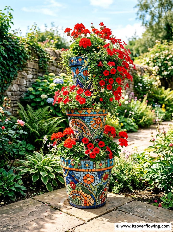 Tiered Garden Mosaic Pots - 25 creative garden ideas with mosaic planters