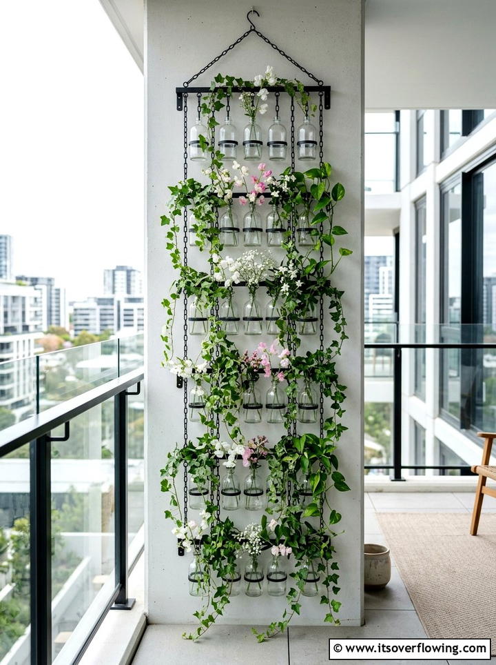 Tiered Hanging Bottle Display - 25 recycled garden ideas with hanging bottle planters