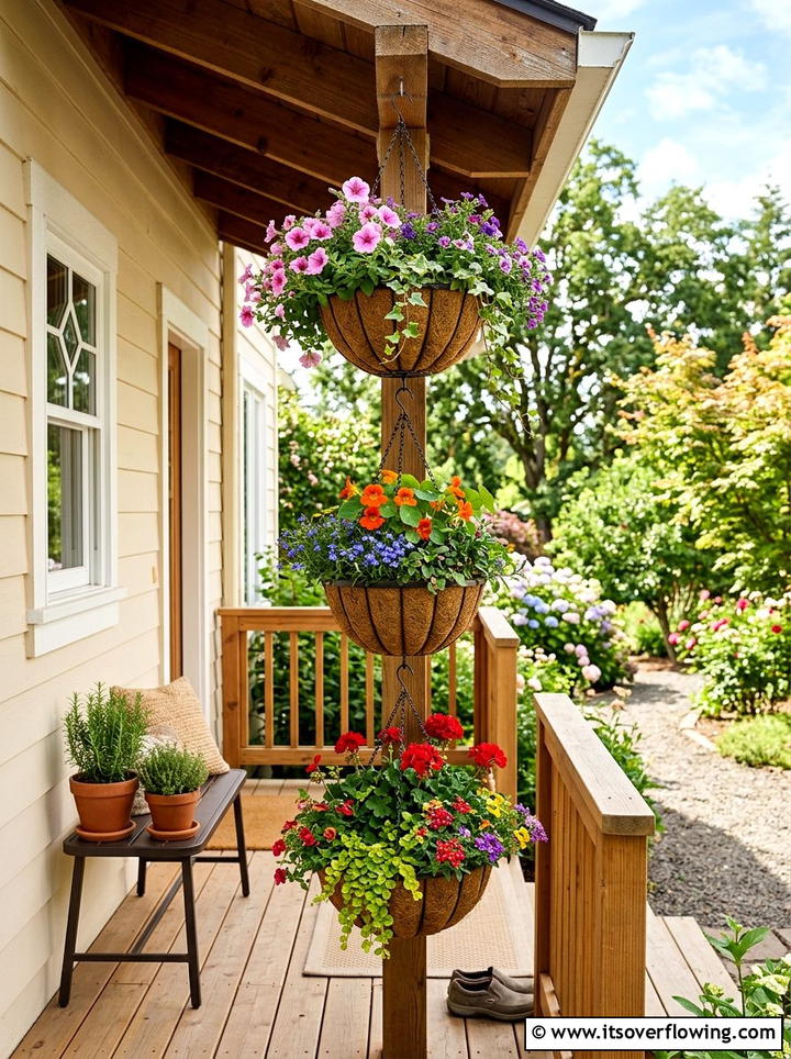 Tiered Hanging Flower Pots - 25 front porch ideas with hanging baskets