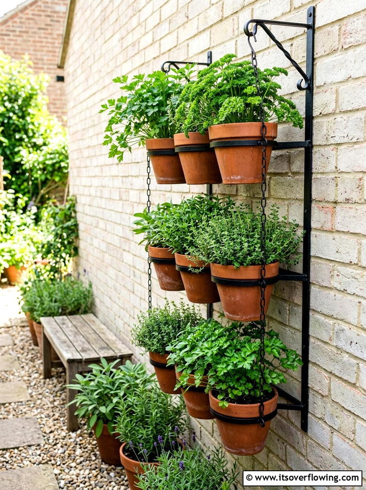 Tiered Hanging Herb Wall - 25 small garden ideas with hanging baskets