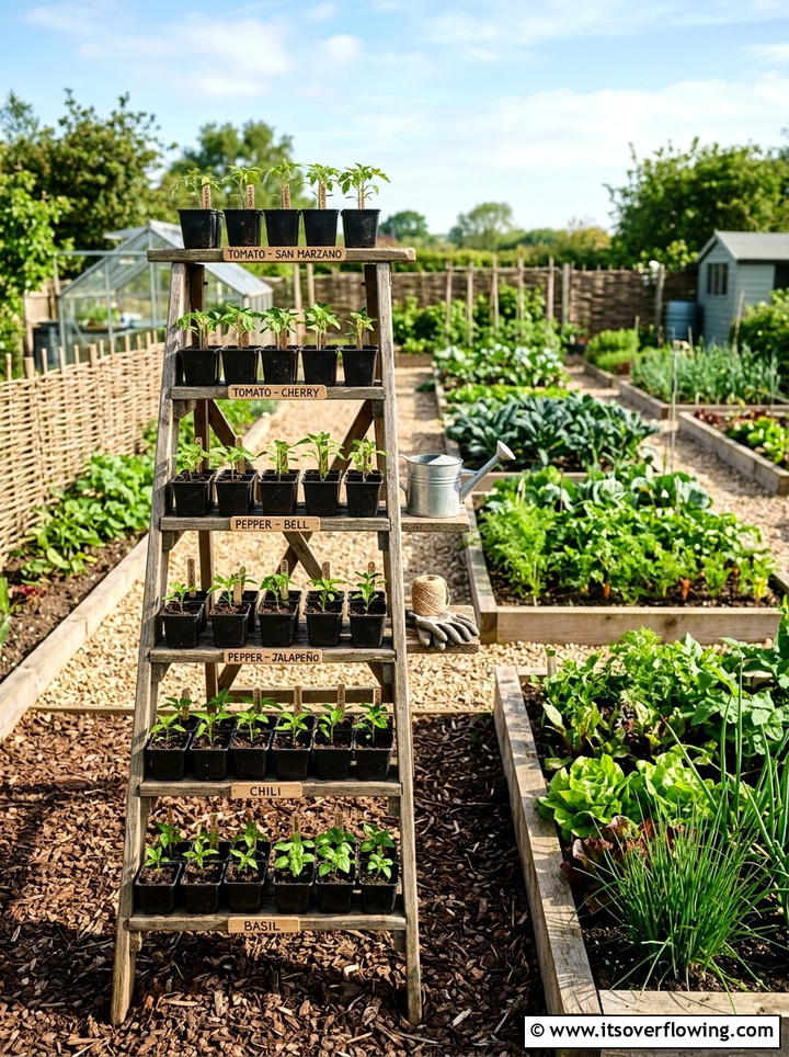 Tiered Ladder Vegetable Starts - 25 garden decor ideas with floral ladders