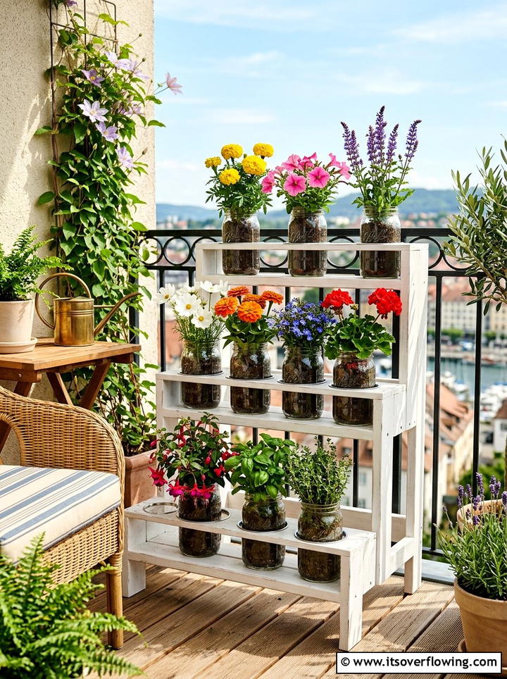 Tiered Mason Jar Plant Stand - 25 garden decor ideas with mason jars