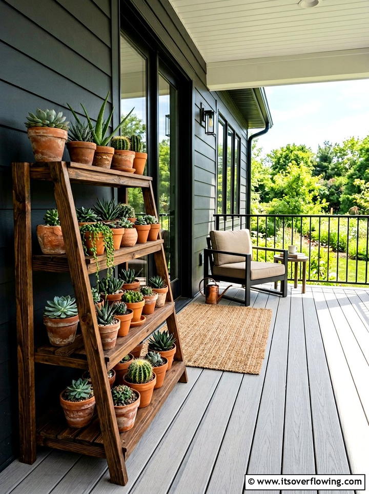 Tiered Plant Stand With Succulents - 25 front porch decor ideas with asymmetrical layout