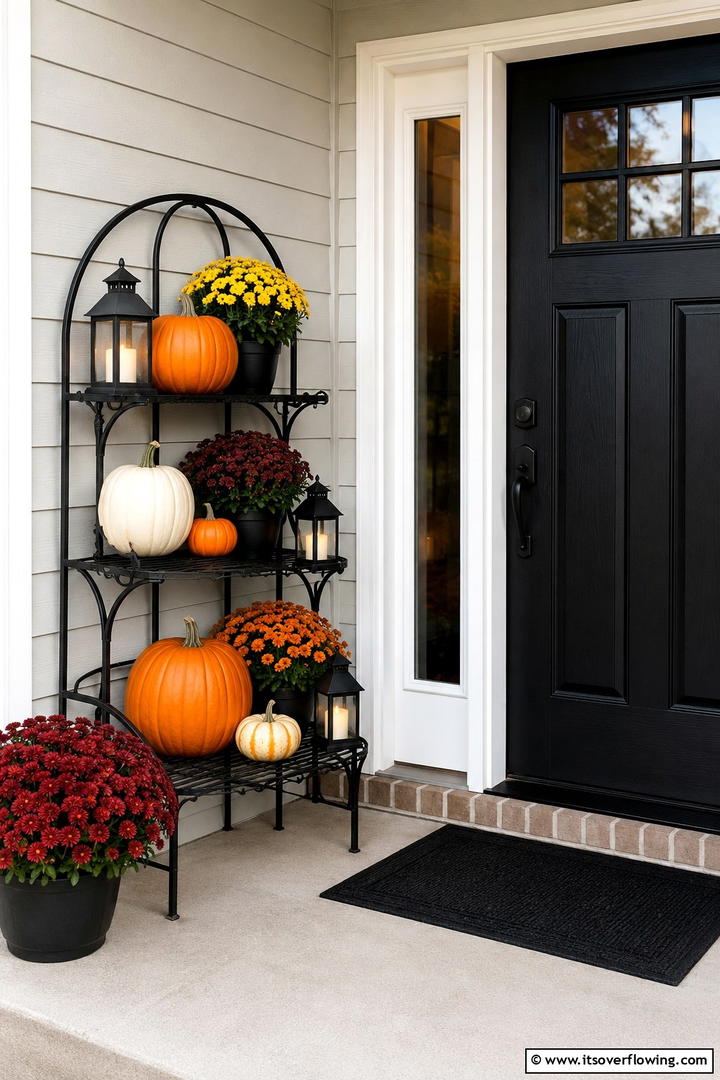 Tiered Pumpkin Plant Stand - 50 Fall Front Door Decor Ideas Roundup- Curb Appeal