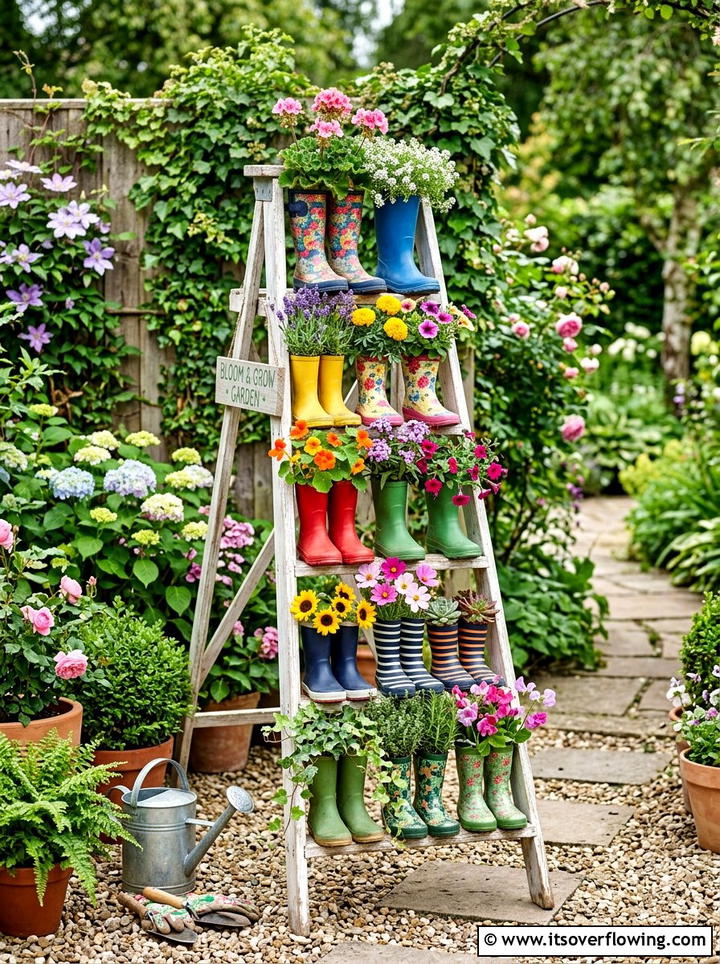 Tiered Rain Boot Ladder - 25 upcycled garden ideas with old boots