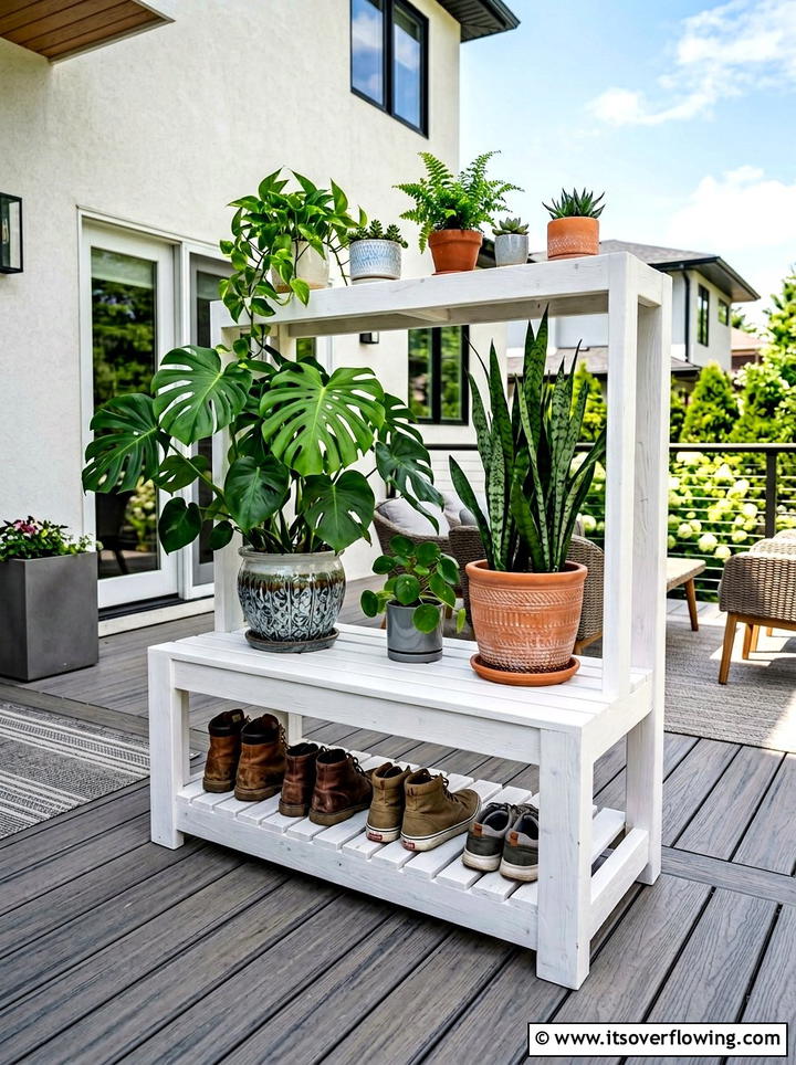 Tiered Shoe Bench Plant Stand - 25 creative garden ideas with shoe planter wall