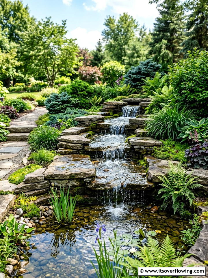 Tiered Stone Waterfall - 25 garden ideas with waterfall