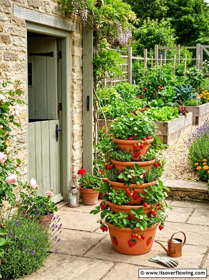 Tiered Strawberry Painted Pots - 25 garden ideas with painted pots