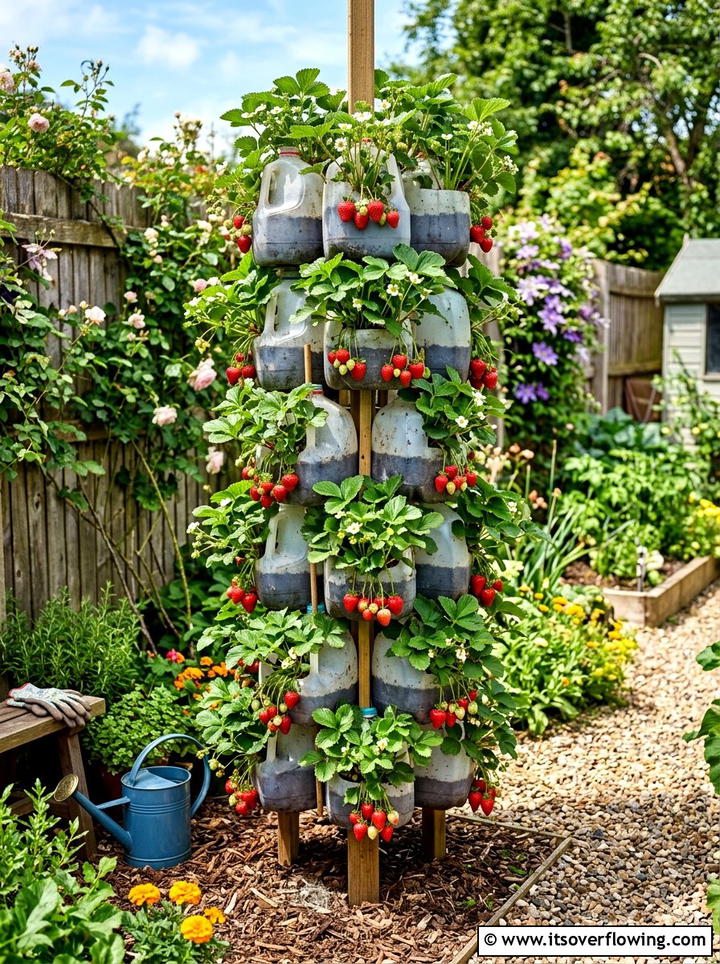 Tiered Strawberry Tower - 25 recycled garden ideas with plastic bottles