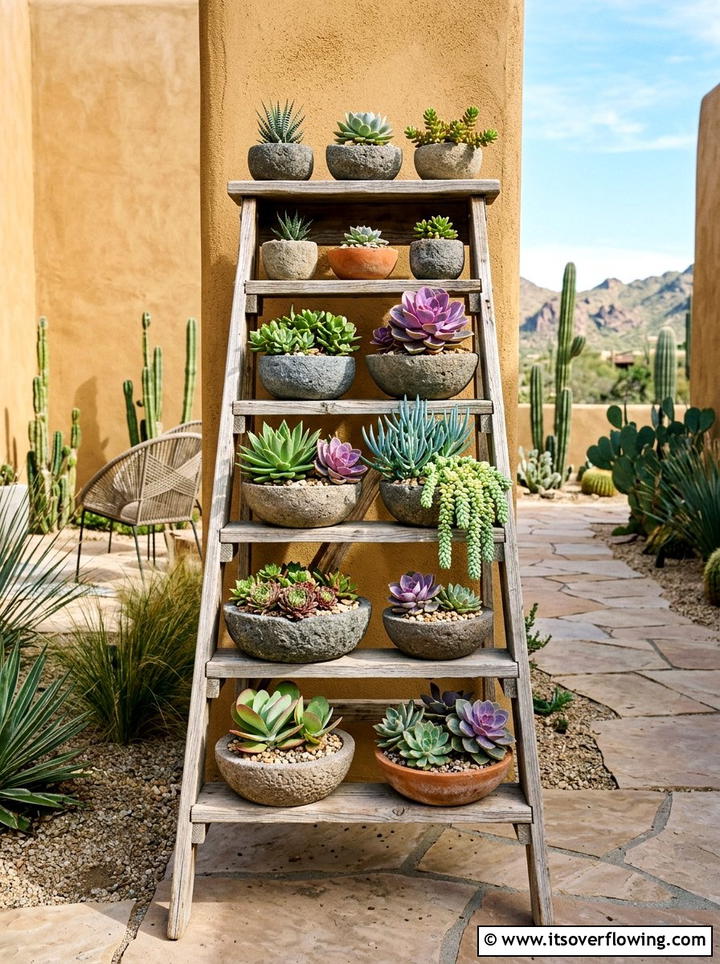 Tiered Succulent Ladder - 25 backyard decorating ideas with vintage ladders
