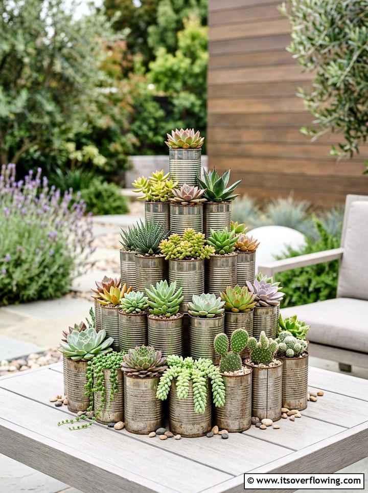 Tiered Succulent Planters - 25 upcycled garden ideas with tin cans