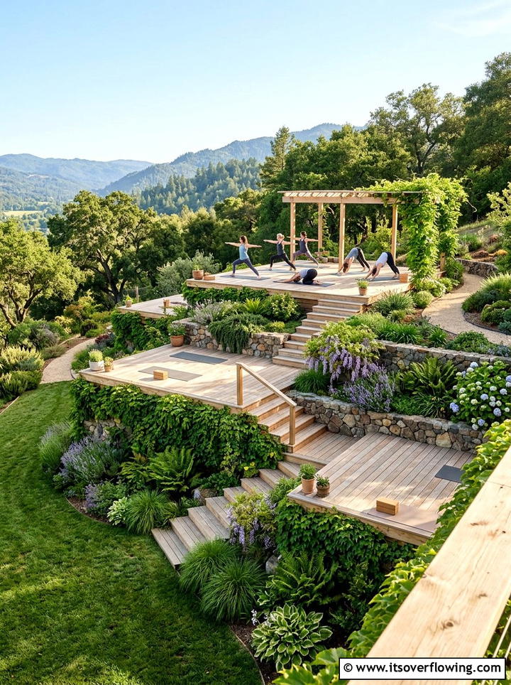 Tiered Timber Yoga Deck - 25 creative garden ideas with yoga decks