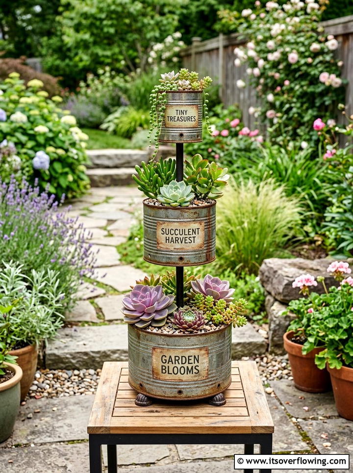 Tiered Tin Can Succulent Stand - 25 upcycled garden ideas with old cans