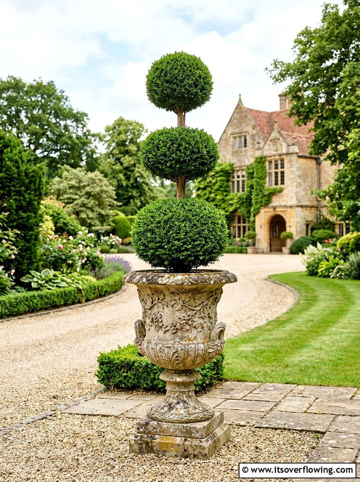 Tiered Topiary In Stone Urn - 25 garden decor ideas with topiary