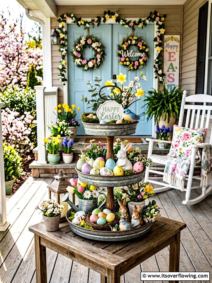Tiered Tray Easter Display - 25 front porch decor ideas for easter